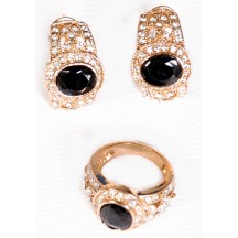 Golden Ring & Earing With Black And Small White Stone